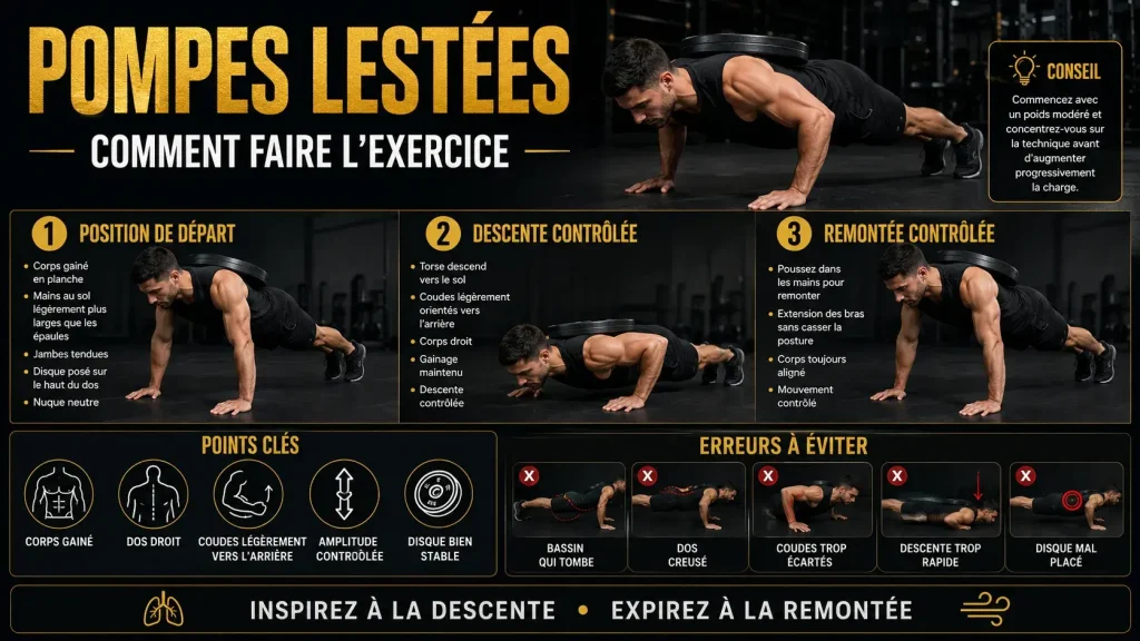 Guide visuel expliquant comment faire les pompes lestées correctement, avec la position de départ, la descente contrôlée, la remontée contrôlée et les erreurs à éviter.
