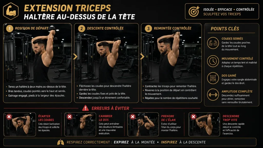 Guide visuel expliquant comment faire l’extension triceps avec haltère au-dessus de la tête, avec la position de départ, la descente contrôlée, la remontée contrôlée et les erreurs à éviter.