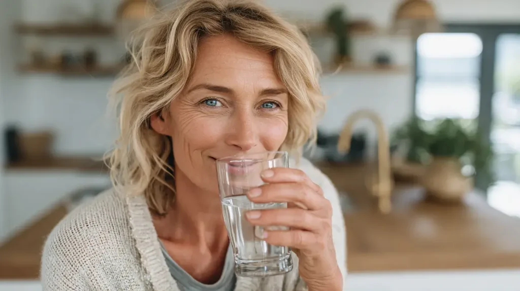 une femme boit un verre d'eau pour éviter les ballonnements