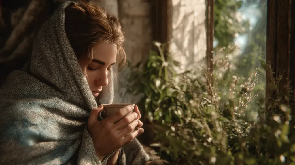 une femme boit de la tisane