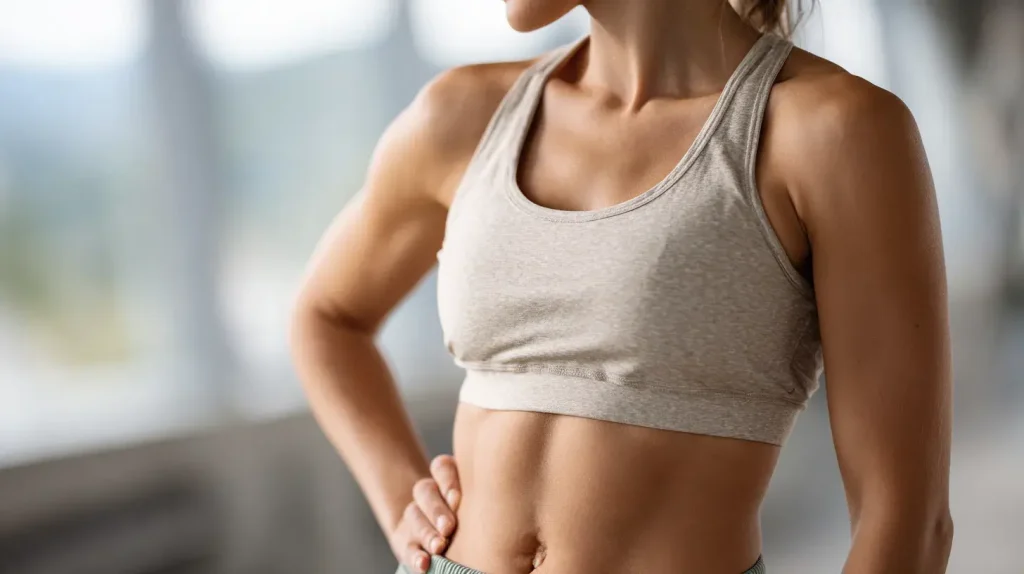 femme fit au ventre plat grâce à des compléments alimentaires