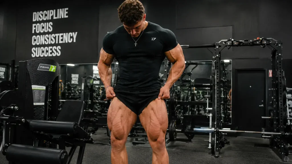 Homme musclé en salle de sport montrant ses cuisses développées grâce aux exercices de leg extension.