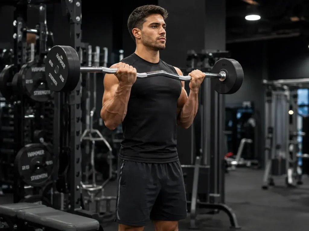 Homme réalisant un curl à la barre avec prise supination en salle de sport, en gardant le buste droit et les coudes fixes.