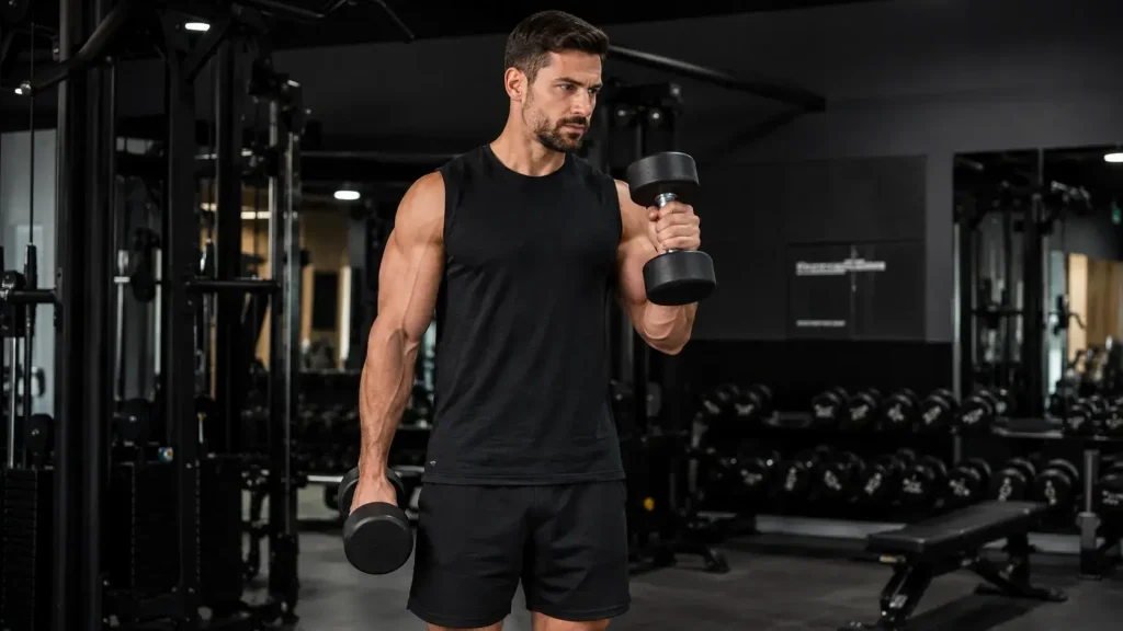 Homme musclé réalisant un curl marteau avec haltères en salle de sport, prise neutre et coudes proches du corps.