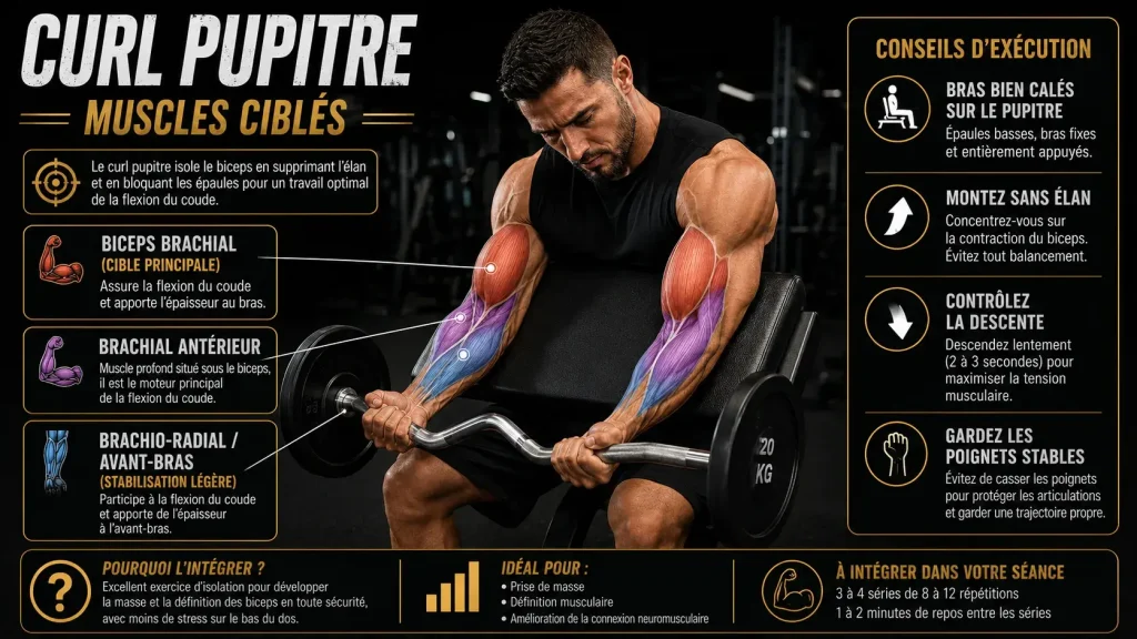 Infographie montrant les muscles ciblés par le curl pupitre, notamment le biceps brachial, le brachial antérieur, le brachio-radial et les avant-bras.