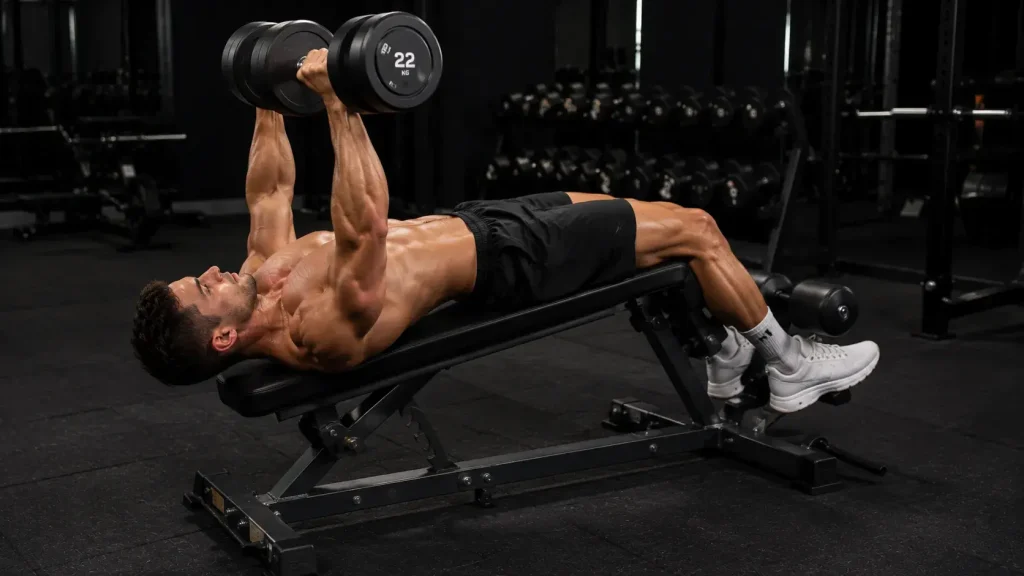 Homme réalisant un développé décliné aux haltères sur banc décliné en salle de sport, avec les bras tendus au-dessus du bas des pectoraux.