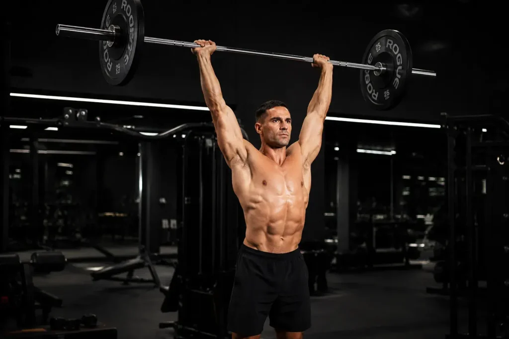 Homme musclé réalisant un développé militaire à la barre, bras tendus au-dessus de la tête en salle de sport.