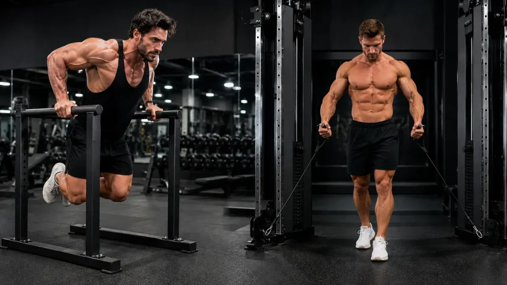 Deux hommes réalisant des exercices pour le bas des pectoraux en salle de sport : dips aux barres parallèles et tirage à la poulie basse en position droite.