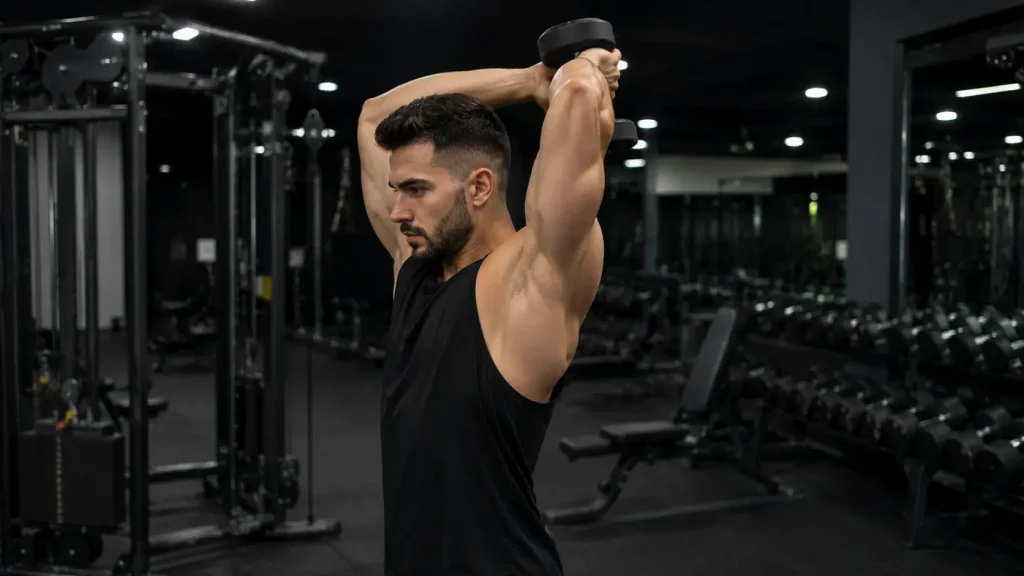 Homme réalisant une extension triceps avec haltère au-dessus de la tête en salle de sport.