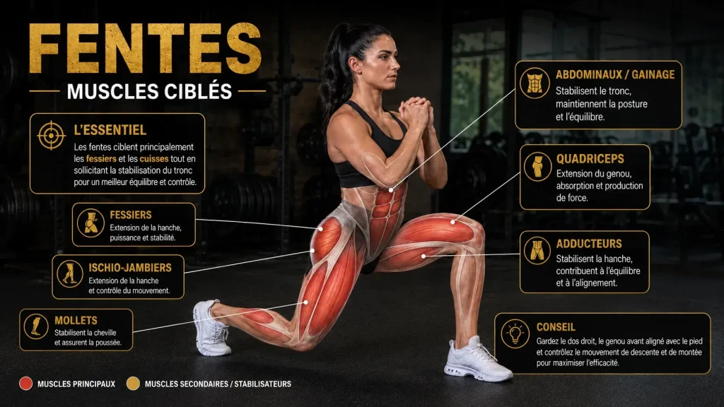 Infographie montrant les muscles ciblés par les fentes, notamment les fessiers, quadriceps, ischio-jambiers, mollets, adducteurs et abdominaux.