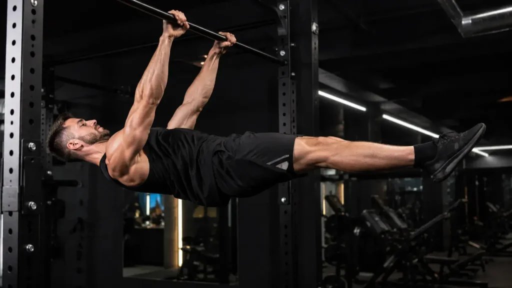 Homme réalisant un front lever sur une barre fixe en salle de sport, avec le corps gainé et parallèle au sol.