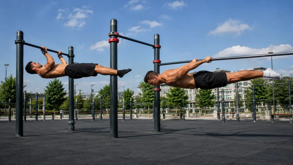Deux athlètes réalisant un front lever et un back lever sur des barres de street workout en extérieur, avec le corps maintenu parallèle au sol.