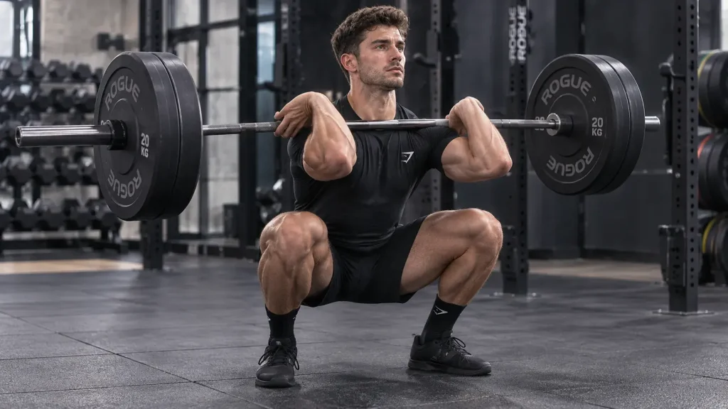 Homme réalisant un front squat en salle de sport, avec la barre placée à l’avant des épaules et les coudes relevés.