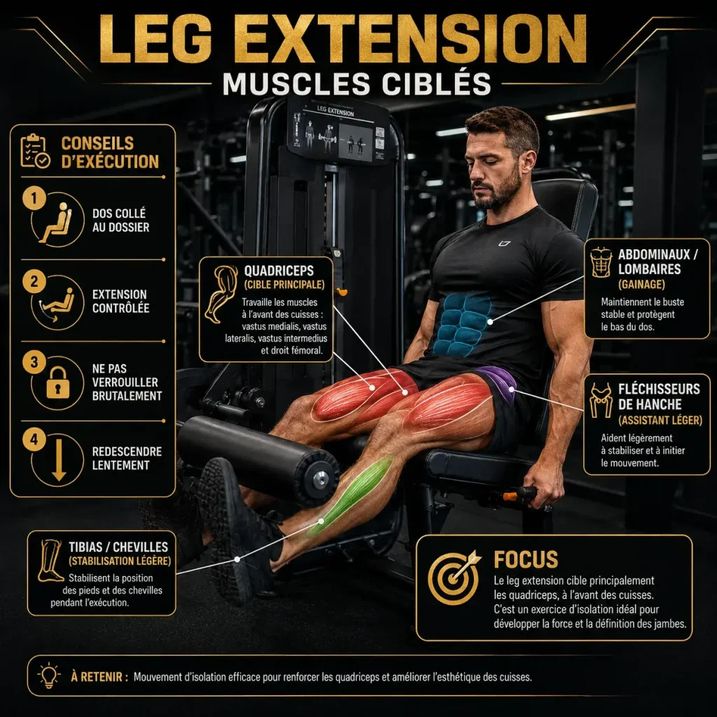 Infographie montrant les muscles ciblés par le leg extension, principalement les quadriceps à l’avant des cuisses.