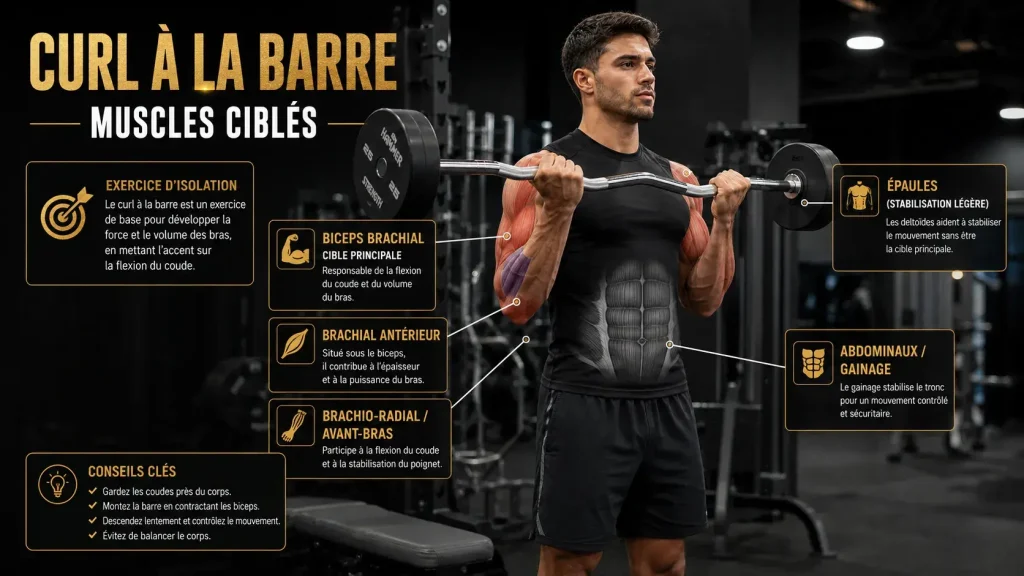 Infographie montrant les muscles ciblés par le curl à la barre, notamment les biceps, le brachial antérieur, les avant-bras, les épaules et les abdominaux.