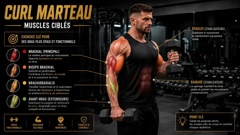 Infographie montrant les muscles ciblés par le curl marteau, notamment le brachial, le biceps brachial, le brachio-radial, les avant-bras, les épaules et le gainage.