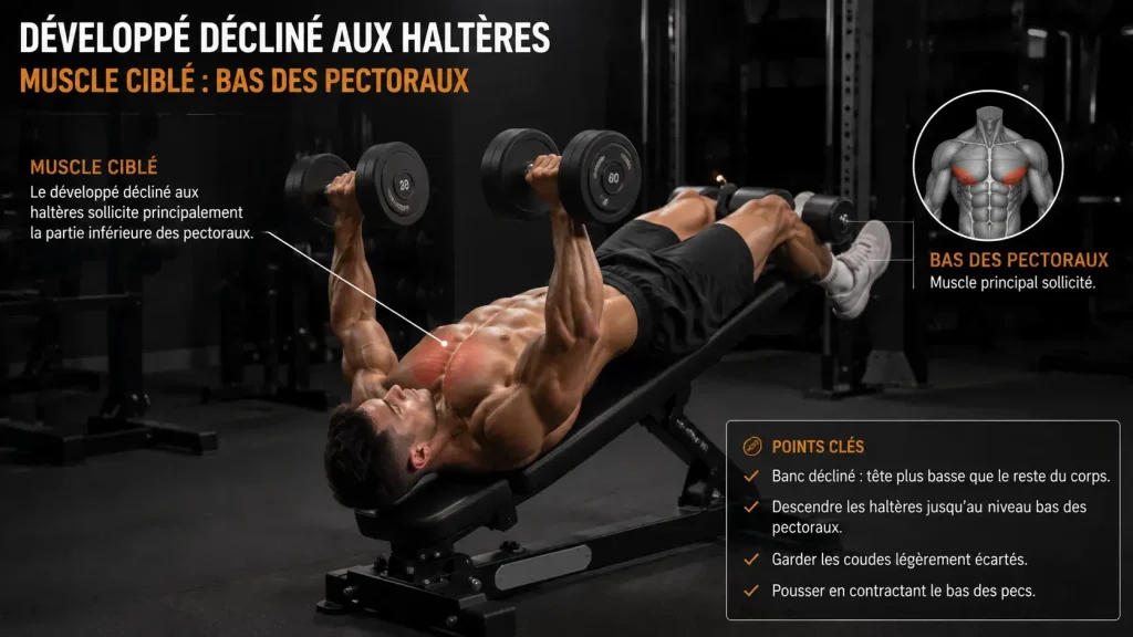 Infographie montrant les muscles ciblés par le développé décliné aux haltères, avec un focus sur le bas des pectoraux, les triceps et les deltoïdes antérieurs.
