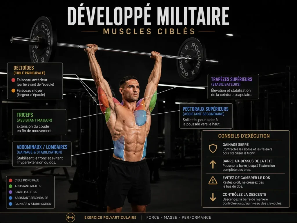 Infographie montrant les muscles ciblés par le développé militaire, notamment les deltoïdes, les triceps, les trapèzes supérieurs, les pectoraux supérieurs et les abdominaux lombaires.