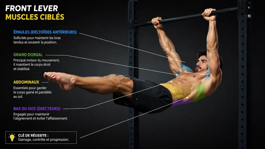 Infographie montrant les muscles ciblés par le front lever, notamment le grand dorsal, les épaules, les abdominaux et le bas du dos.