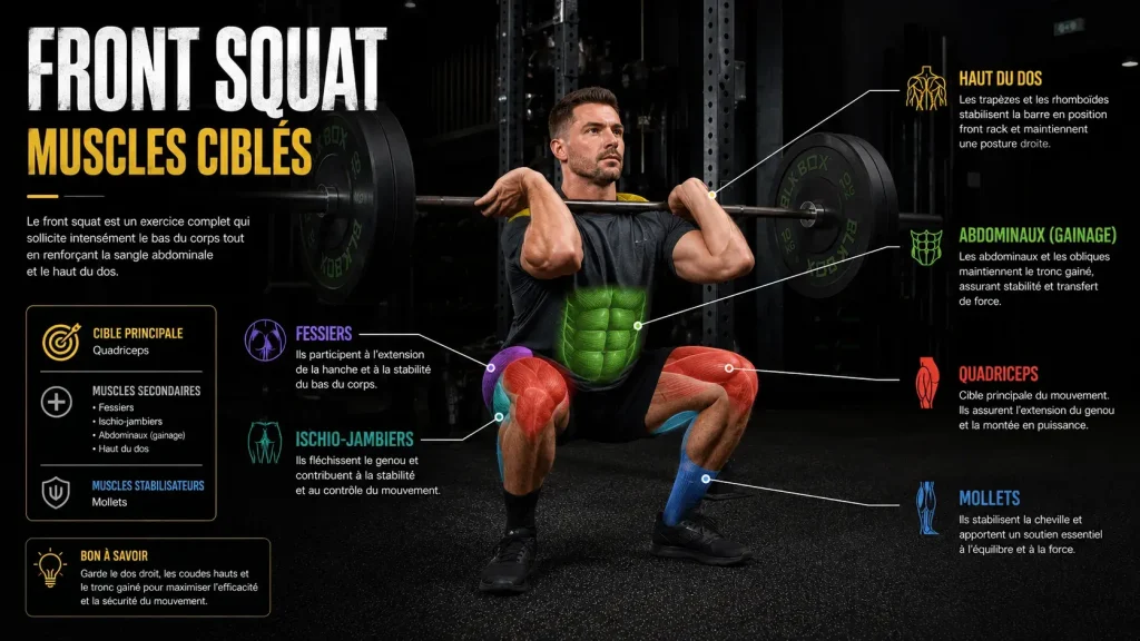 Infographie montrant les muscles ciblés par le front squat, notamment les quadriceps, les fessiers, les ischio-jambiers, les abdominaux, les mollets et le haut du dos.