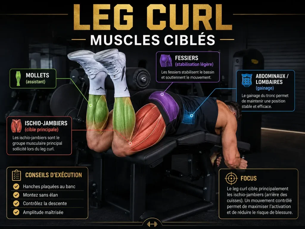 Infographie montrant les muscles ciblés par le leg curl, notamment les ischio-jambiers, les mollets, les fessiers et les abdominaux lombaires.
