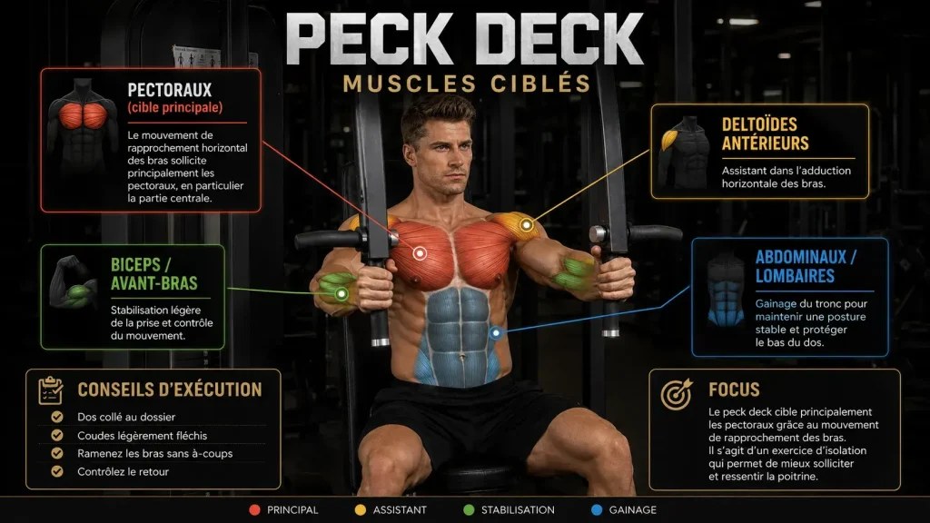 Infographie montrant les muscles ciblés par le peck deck, notamment les pectoraux, les deltoïdes antérieurs, les biceps, les avant-bras et les abdominaux lombaires.
