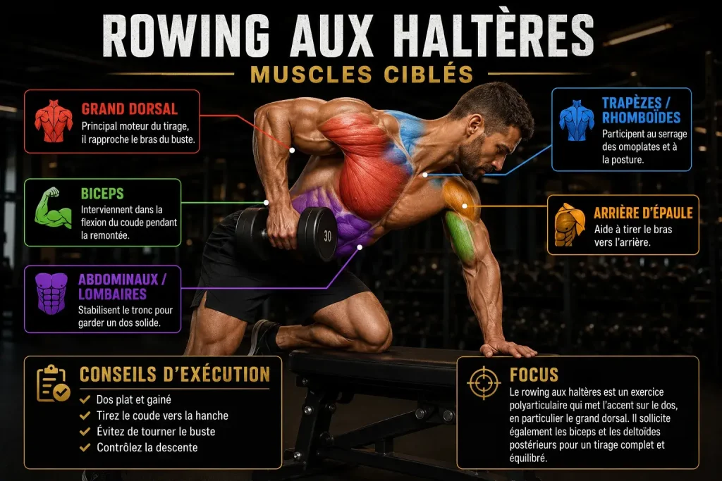 Infographie montrant les muscles ciblés par le rowing aux haltères, notamment le grand dorsal, les trapèzes, les rhomboïdes, les biceps et l’arrière d’épaule.
