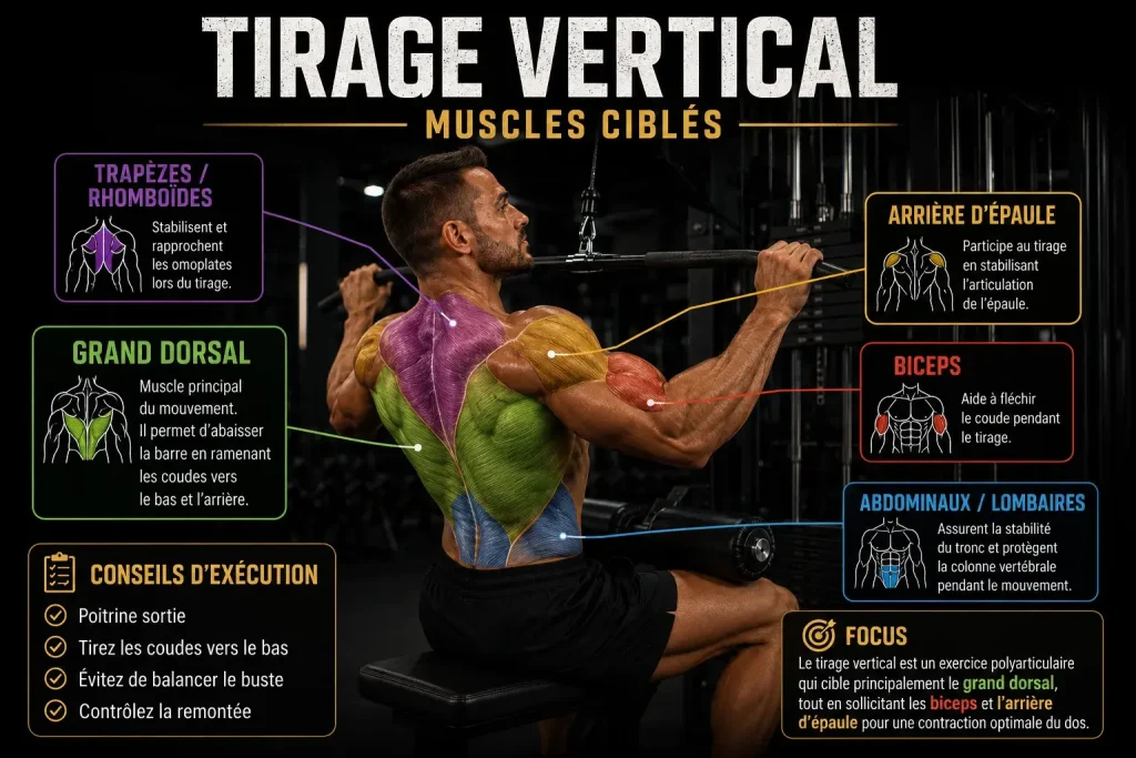 Infographie montrant les muscles ciblés par le tirage vertical, notamment le grand dorsal, les trapèzes, les rhomboïdes, les biceps et l’arrière d’épaule.