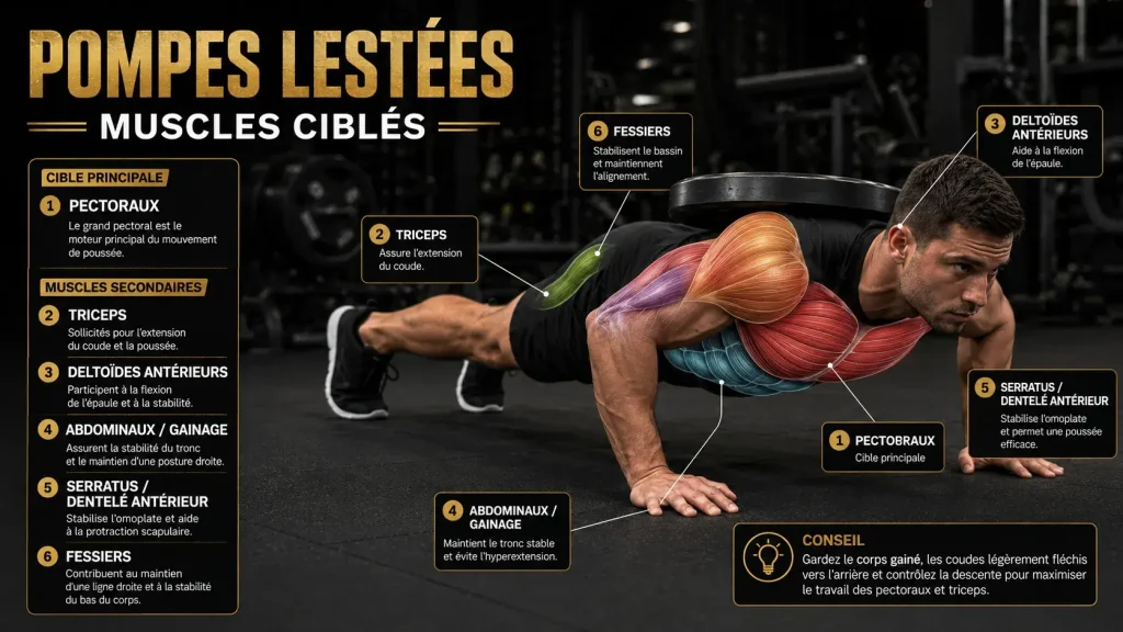 Infographie montrant les muscles ciblés par les pompes lestées, notamment les pectoraux, les triceps, les deltoïdes antérieurs, les abdominaux, le dentelé antérieur et les fessiers.