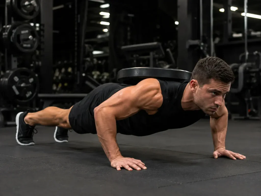 Homme réalisant des pompes lestées avec un disque posé sur le haut du dos en salle de sport.