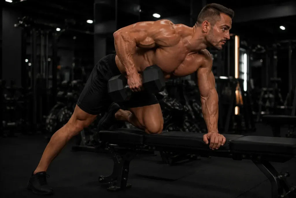 Homme musclé réalisant un rowing aux haltères sur banc en salle de sport, avec le dos plat et un haltère tiré vers la hanche.