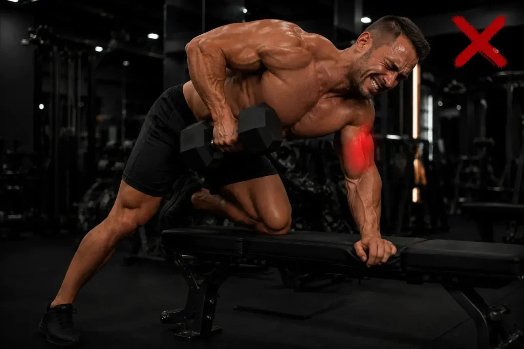 Homme musclé en salle de sport montrant un dos développé grâce au rowing aux haltères.