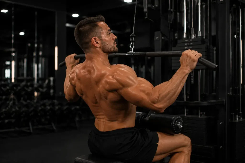 Homme musclé réalisant un tirage vertical à la poulie haute en salle de sport.