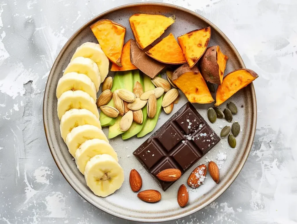 Assiette contenant banane, avocat, amandes et chocolat noir, disposés comme une stratégie nutritionnelle pour éviter une crampe pendant une course à pied