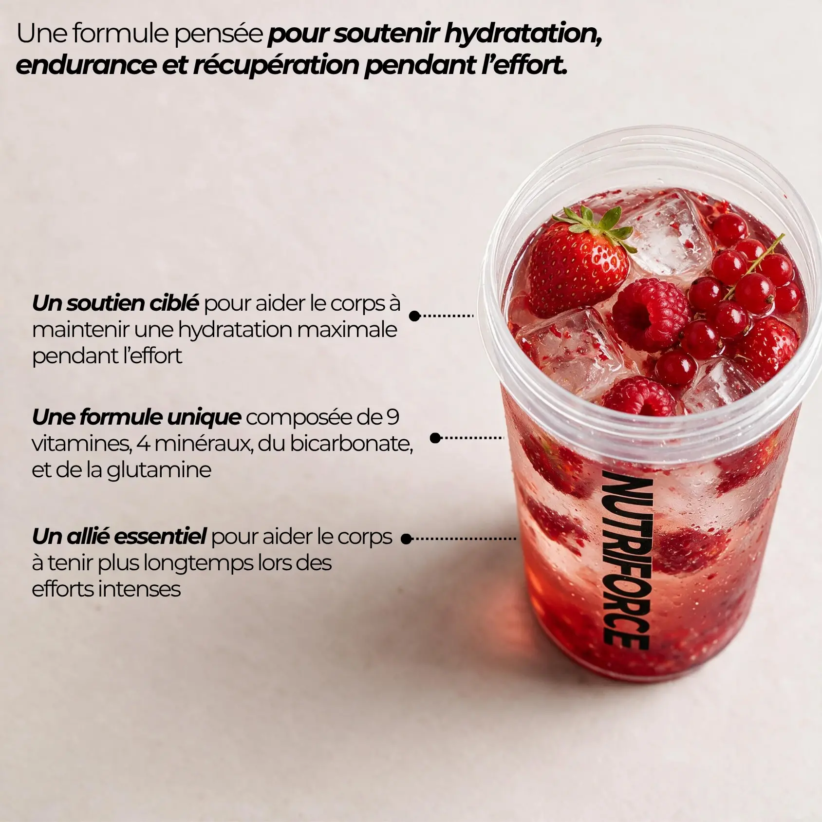 Zoom sur le produit aux électrolytes saveur fruits rouges entouré de la liste de ses bienfaits pour le corps.