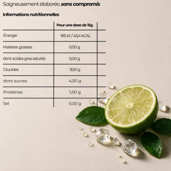 Tableau de la composition nutritionnelle et des ingrédients des électrolytes citron vert.