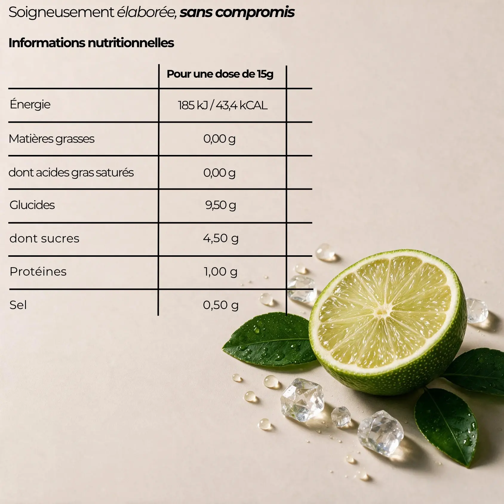 Tableau de la composition nutritionnelle et des ingrédients des électrolytes citron vert.