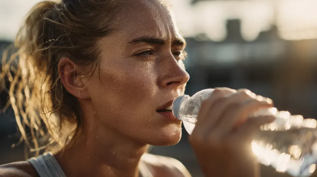 une femme boit pour limiter sa rétention d'eau 