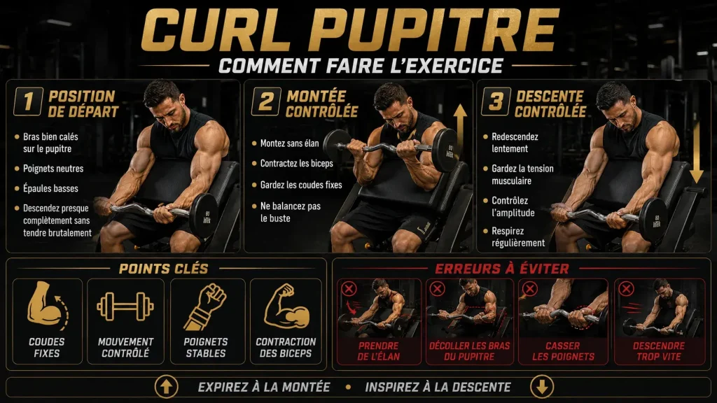 Guide visuel expliquant comment faire le curl pupitre correctement, avec la position de départ, la montée contrôlée, la descente contrôlée et les erreurs à éviter.