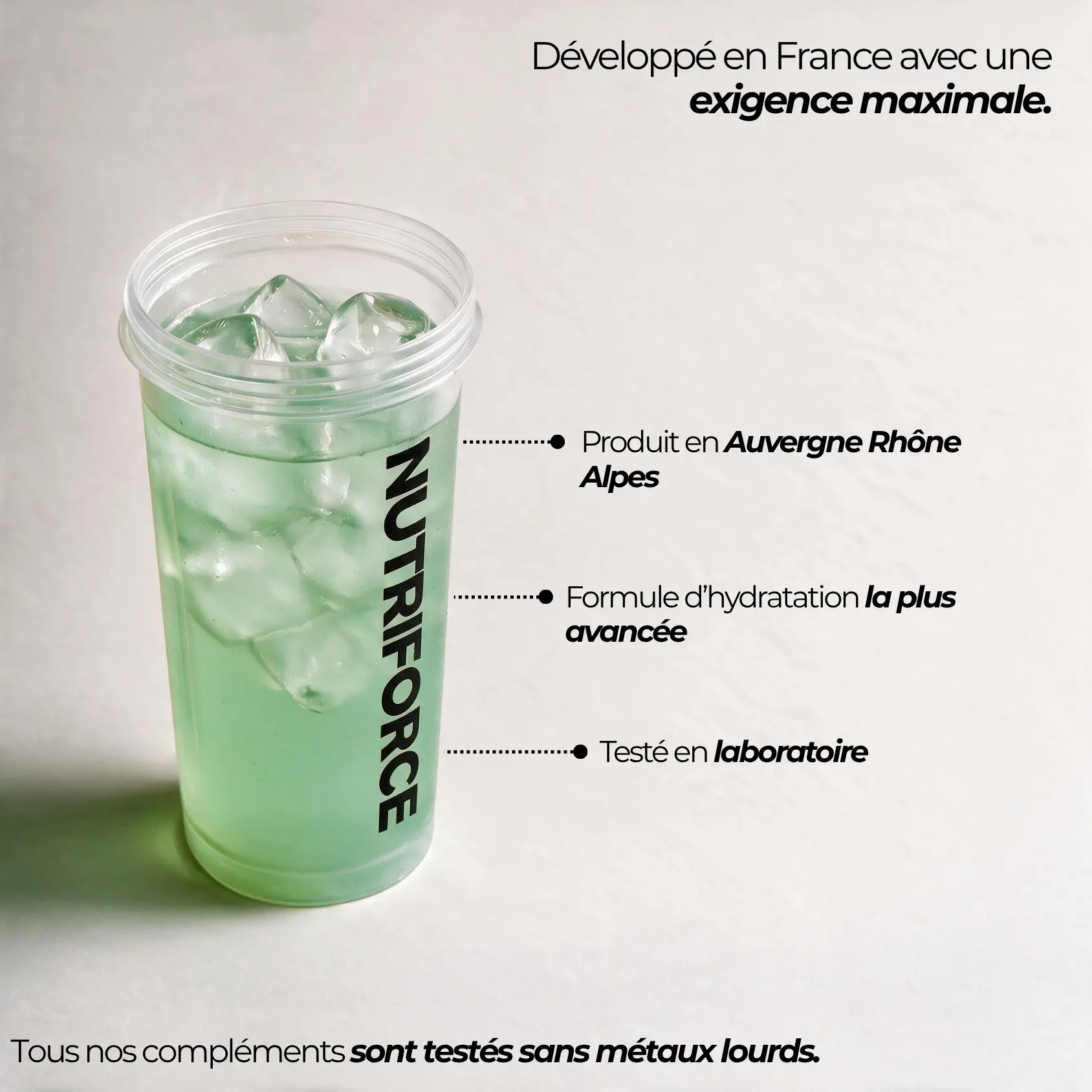 Complément d'électrolytes saveur menthe avec logos de certifications ingrédients 100% purs et naturels.
