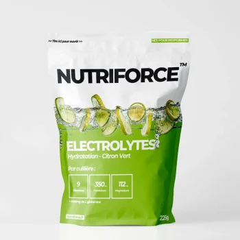 Paquet d'électrolytes en poudre saveur citron vert pour l'hydratation sportive.