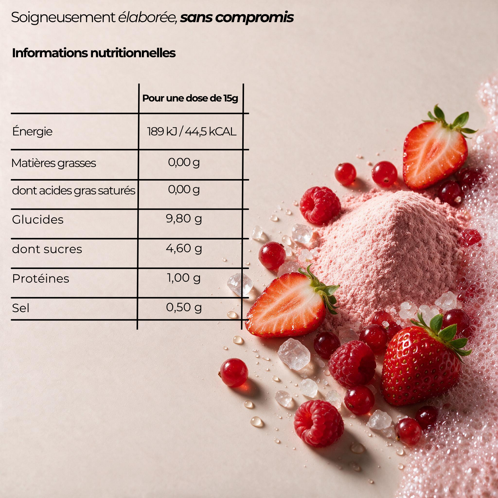 Tableau de la composition nutritionnelle et des ingrédients des électrolytes fruits rouges.