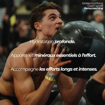 Reno.coaching , Athlète nutriforce en plein effort avec un message sur les bienfaits des électrolytes citron vert.