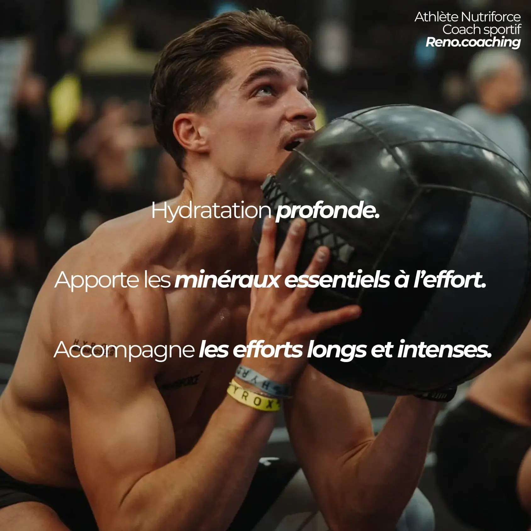 Reno.coaching , Athlète nutriforce en plein effort avec un message sur les bienfaits des électrolytes citron vert.