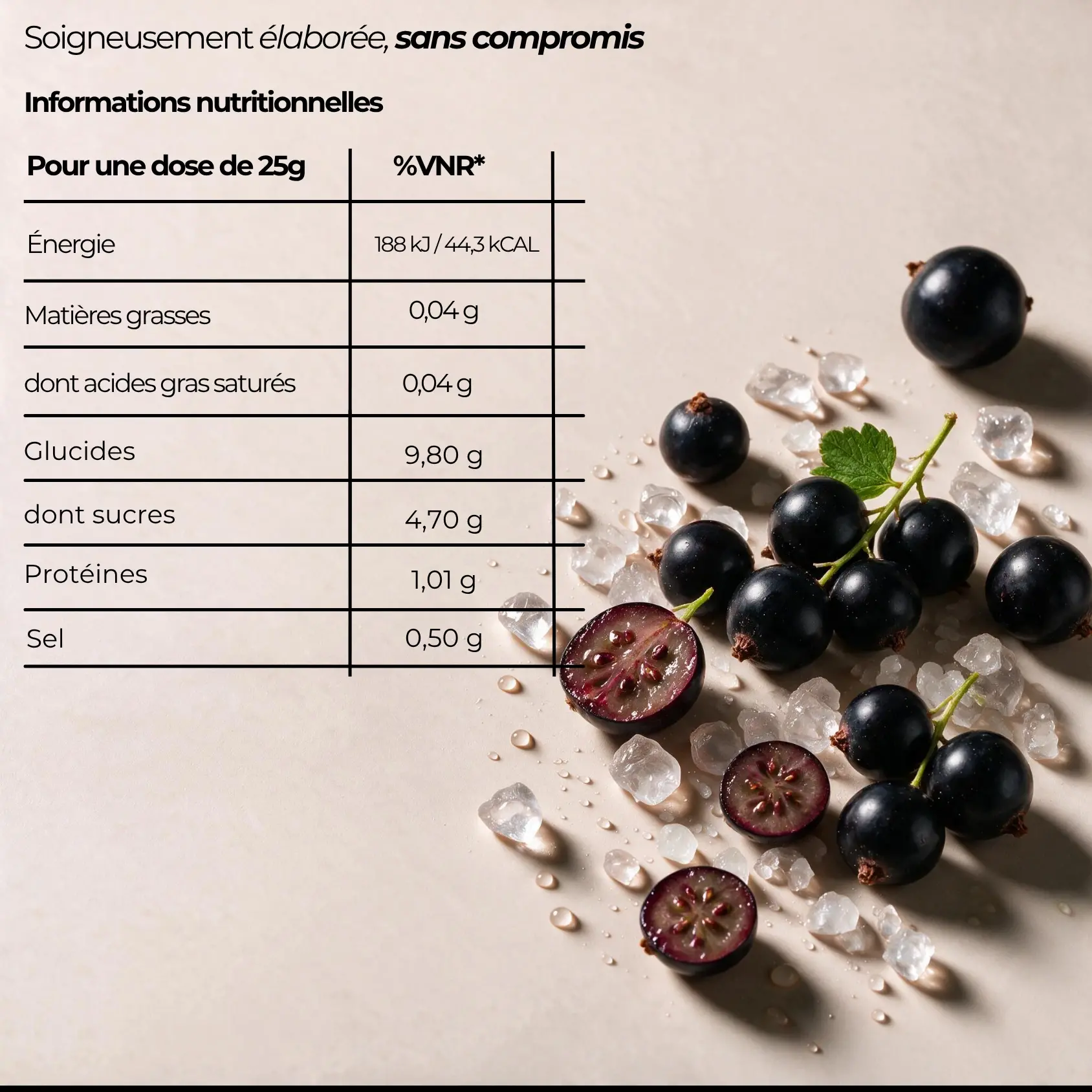 Tableau de la composition nutritionnelle et des ingrédients des électrolytes cassis.