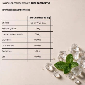 Tableau de la composition nutritionnelle et des ingrédients des électrolytes menthe.
