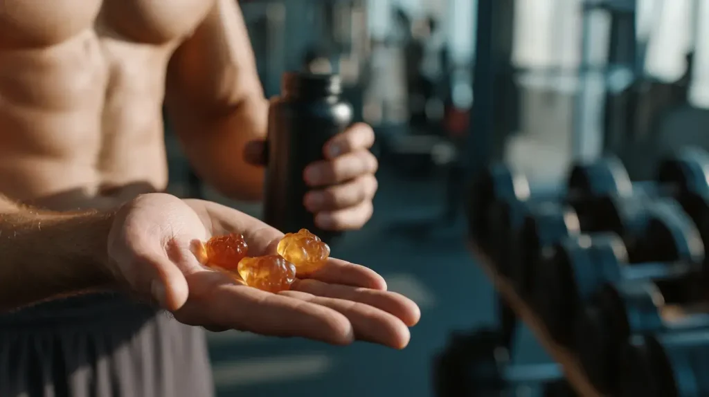 un homme à des gummies de créatine dans sa main