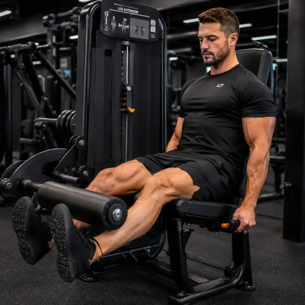 Homme réalisant un leg extension sur machine en salle de sport, jambes tendues et dos appuyé contre le dossier.