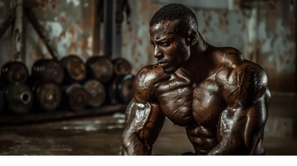 Gros plan sur un athlète très musclé et vascularisé assis dans une salle de sport sombre après un entraînement intensif.