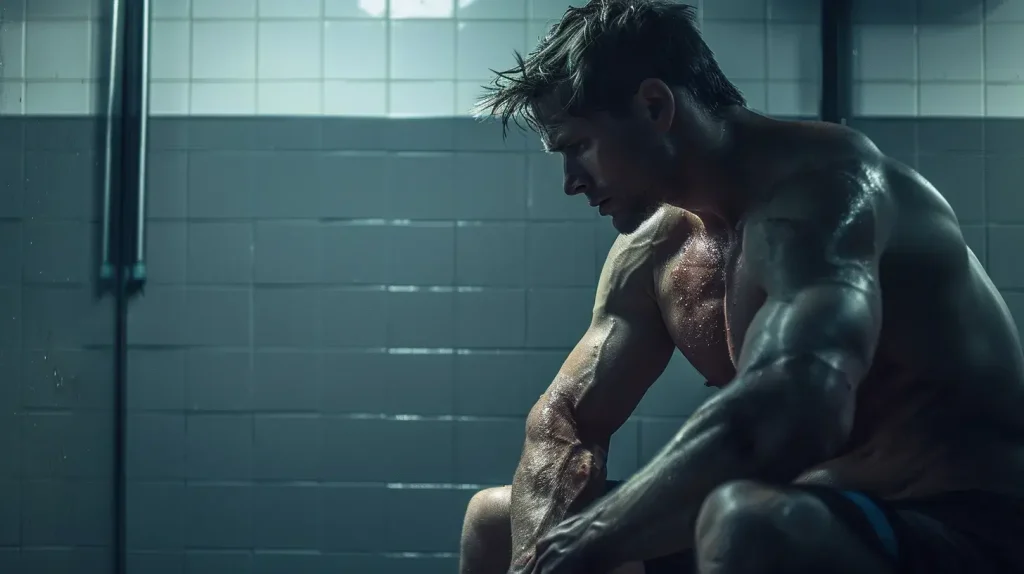 Homme musclé assis torse nu sur un banc de vestiaire, montrant des signes d'acné sur les épaules et un air fatigué.